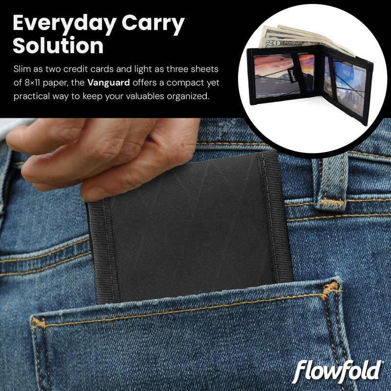 Flowfold Vanguard Recycled Material Bifold Wallet | Slim and Durable with Cash Pocket, Two Hidden Card Pockets and Two ID Windows | Holds 10-12 Cards | Minimalist Wallet Made in USA | Black - Image 3